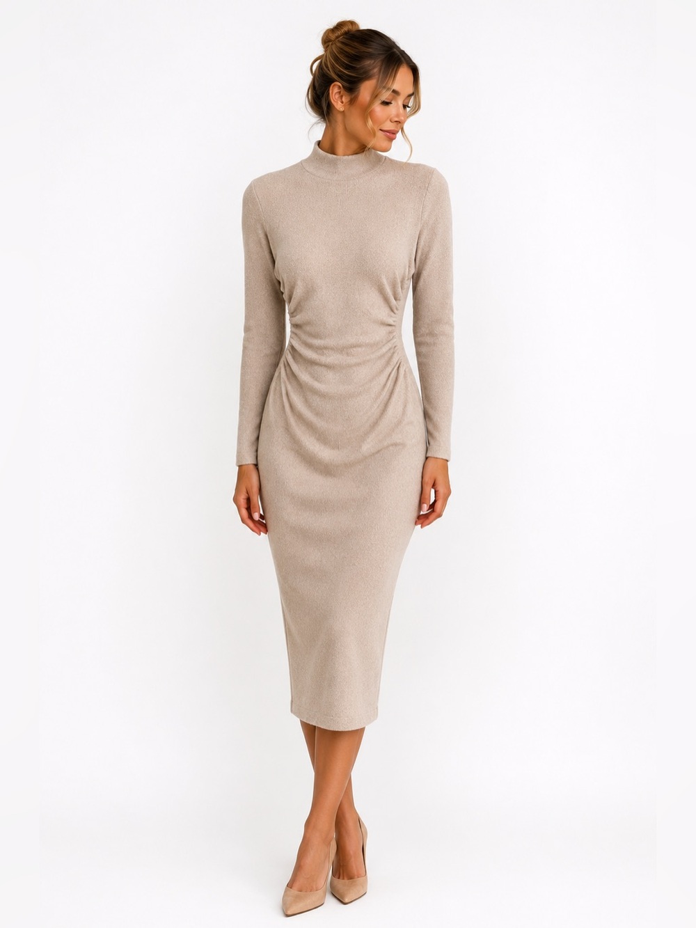 Zara Beige Mock Neck Ruched Midi Sweater Dress Elegant Bodycon | Size S